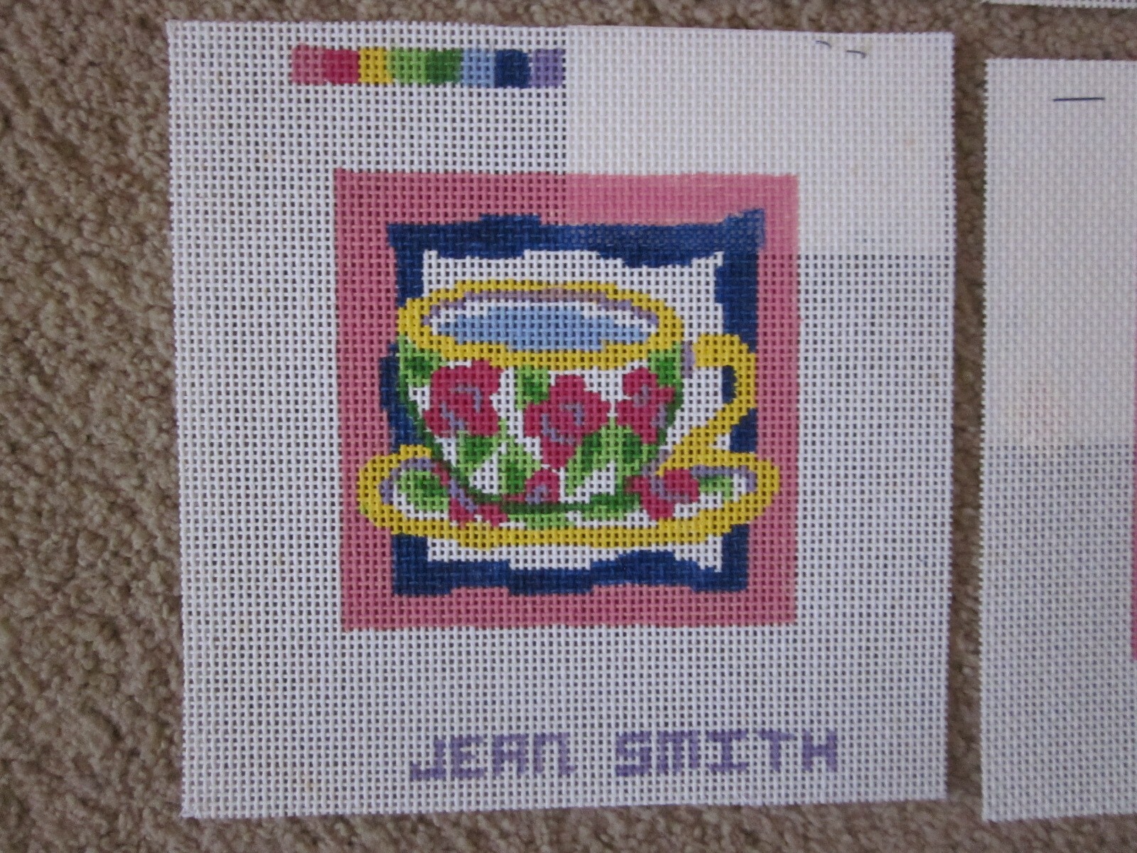 Lot of 6 Jean Smith Coffee; Tea Coasters HP needlepoint canvas 14 mesh