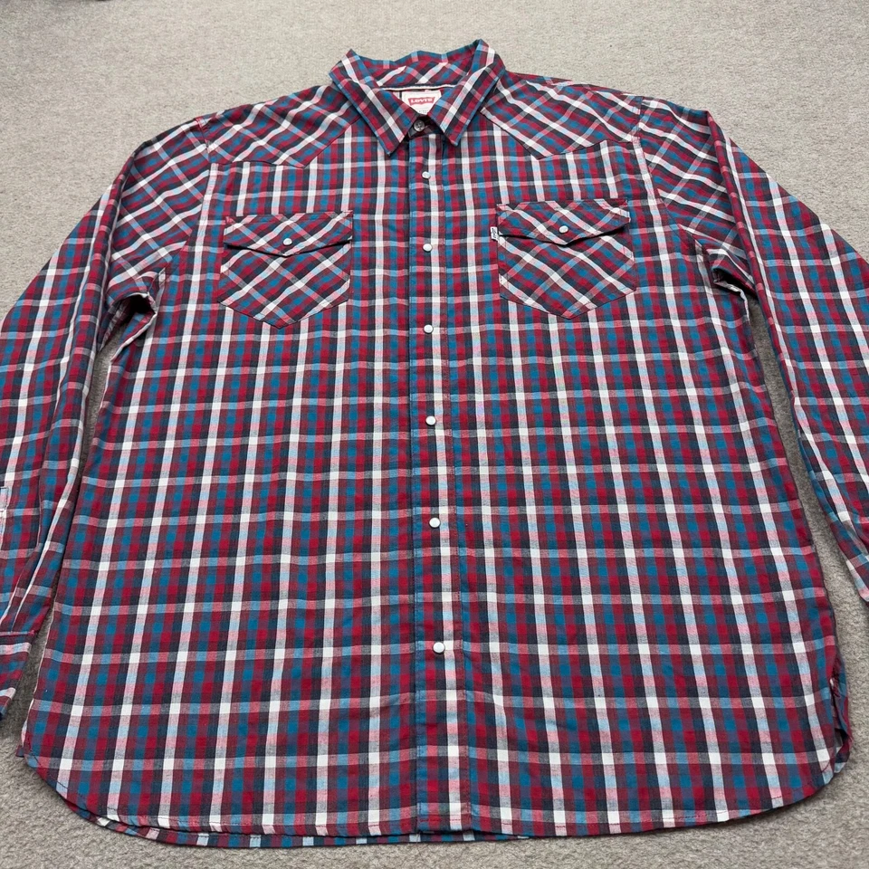 Levi's Mens Button Up Shirt Men's Size 2XL Red Plaid Long Sleeve Western Snap - Image 2 of 4