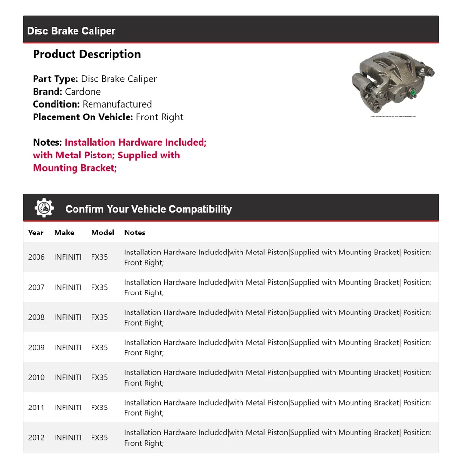 Pinza de freno de disco delantera derecha Cardone 2007 2008 para Infiniti FX35 2006-2012 Foto 2 de 4