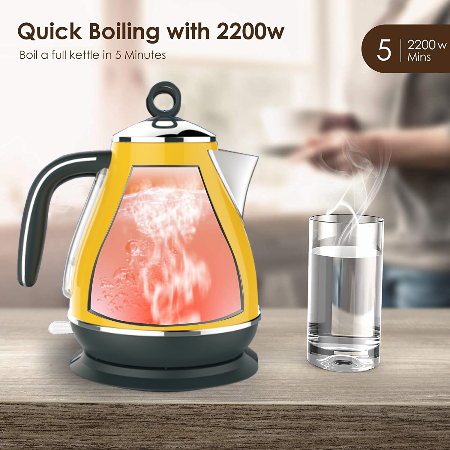 Vintage Electric Kettle Yellow 1.7L Stainless Steel Auto OFF 2200W not