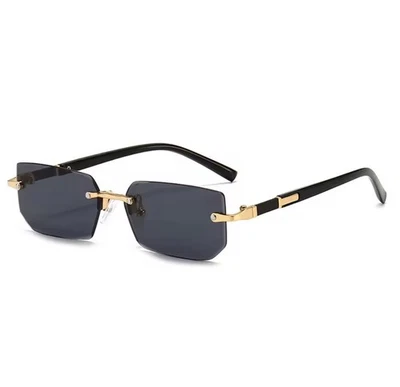MARKENLOS Sonnenbrille Schwarz Gold Randlos Rechteckig Unisex Rahmenlos Damen Herren