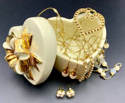 Vintage Costume Jewelry Lot of 6 with Heart Shaped Trinket Box Gold Tone Bow