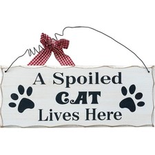 Wooden Cat Lover Sign - Hanging Decorative Plaque 'A Spoiled Cat Lives Here' ...