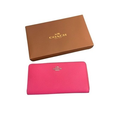 Coach Accordion Zip Wallet Crossgrain Leather Dahlia Pink Silver