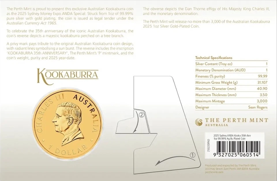Australia 2025 $1 1 oz plata Sydney Money Expo Cucaburra con moneda chapada en oro Foto 2 de 4