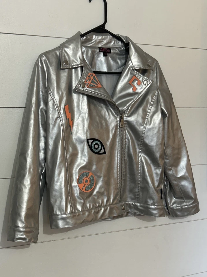 Jojos Closet Girls Silver Faux Leather Jacket Patches Moto Size 14/16 XL - Image 2 of 4
