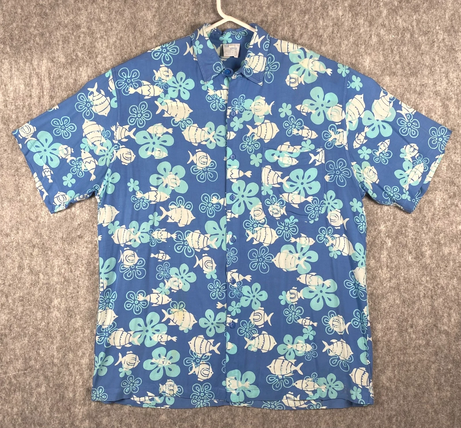 Blue Ginger Hawaiian Designs Aloha Shirt Large Flowers and Fish