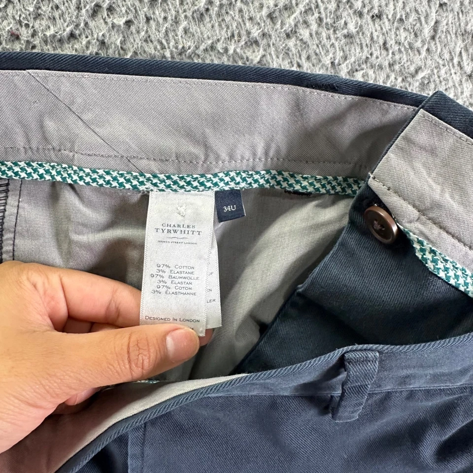 Pantalones chinos Charles Tyrwhitt para hombre 34x34 azul marino algodón elástico ajustados sin hierro Foto 4 de 4