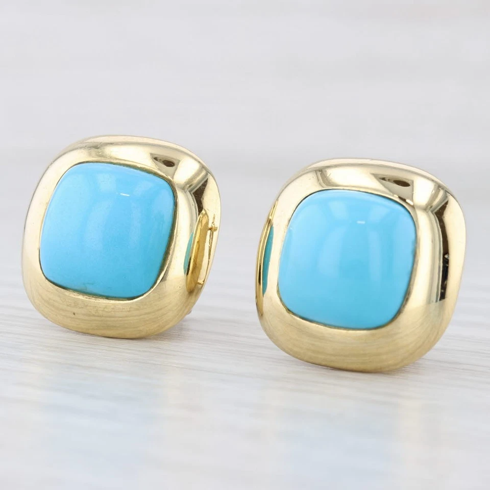 Italian Turquoise Cabochon Earrings 18k Yellow Gold Omega Back Drops - Image 3 of 4