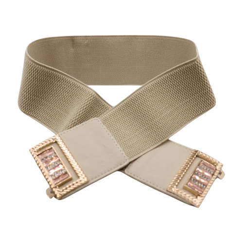 Women Ivory Cream Elastic Elegant Fashion Belt Gold Bling Square Fun Buckle S M - 第 3/24 張圖片