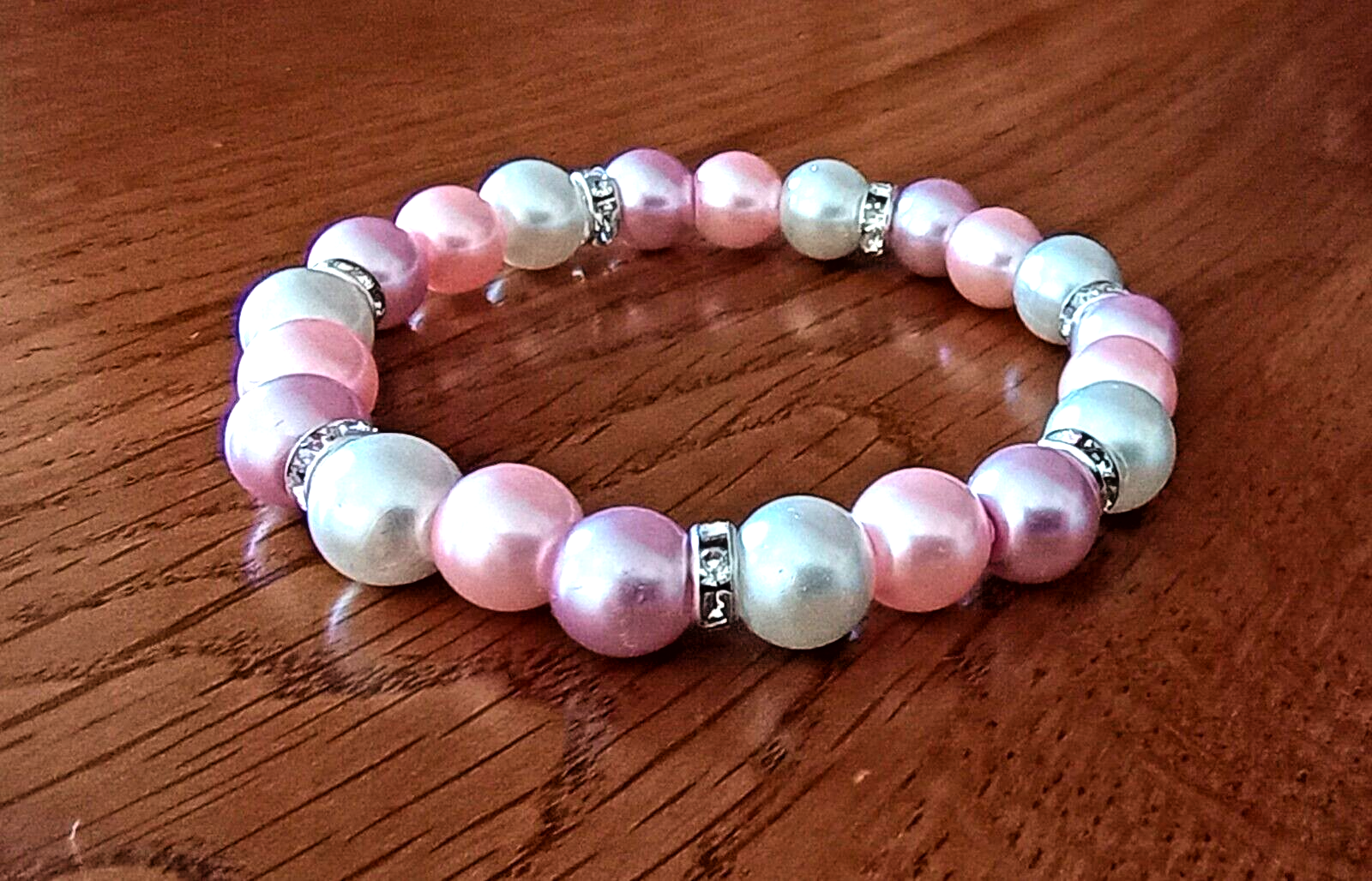 Stretchy Pink White Glass Pearl Bracelet with Silver Accents