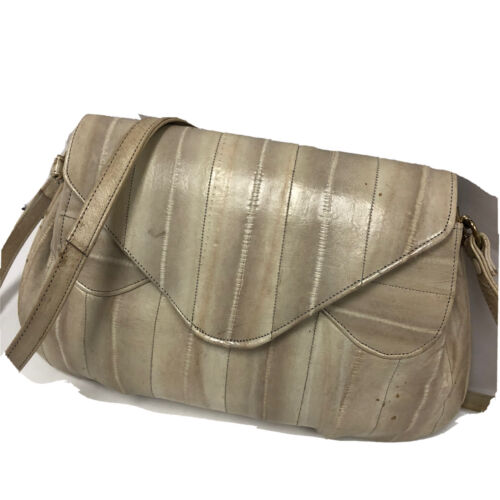Vtg 80's Genuine Eel Skin Hand Bag Natural Bone Ivory Evening Shoulder Purse - Picture 2 of 12