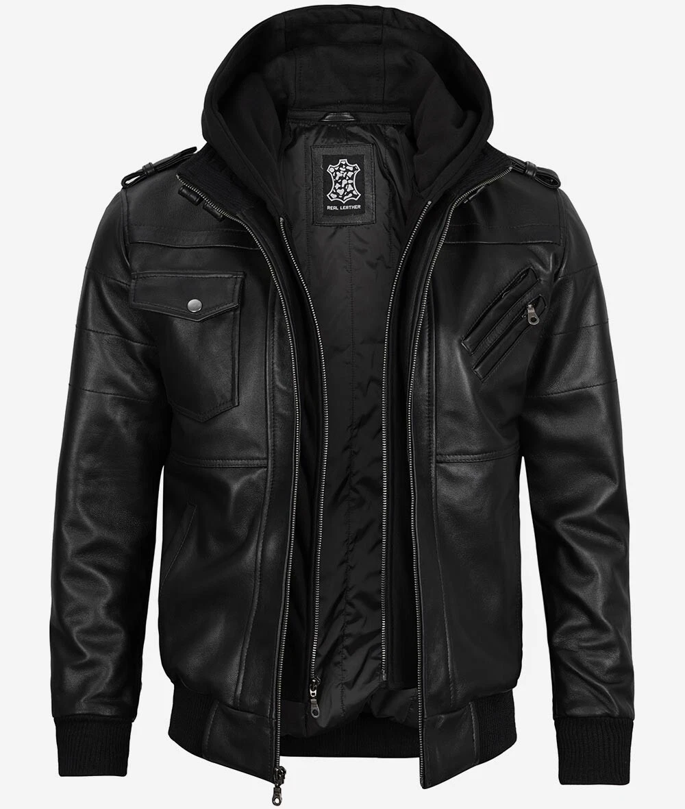 Men's Removable Hood Moto Biker Racer Bomber Real Sheepskin Black Leather Jacket
