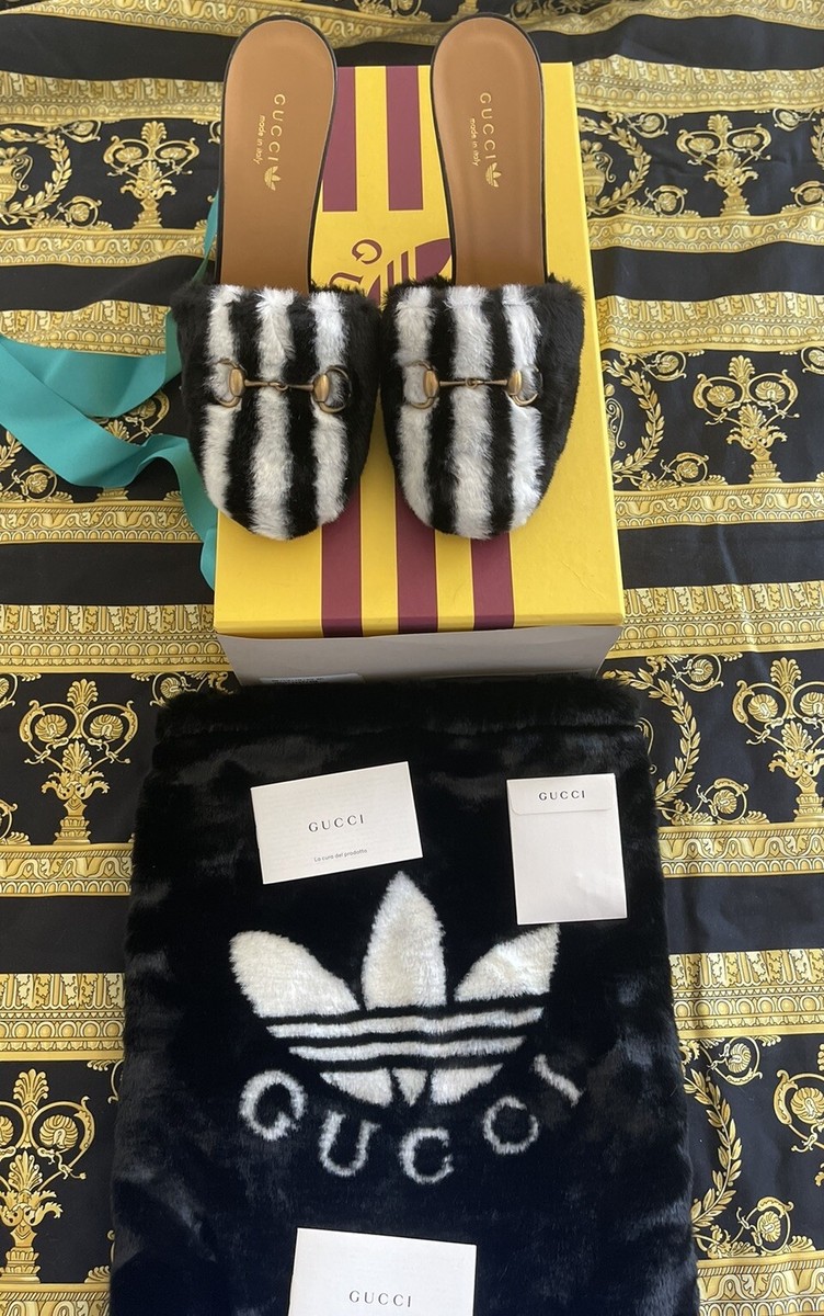 NEW 100% Authentic Gucci x Adidas Shearling Fur Horsebit Mules