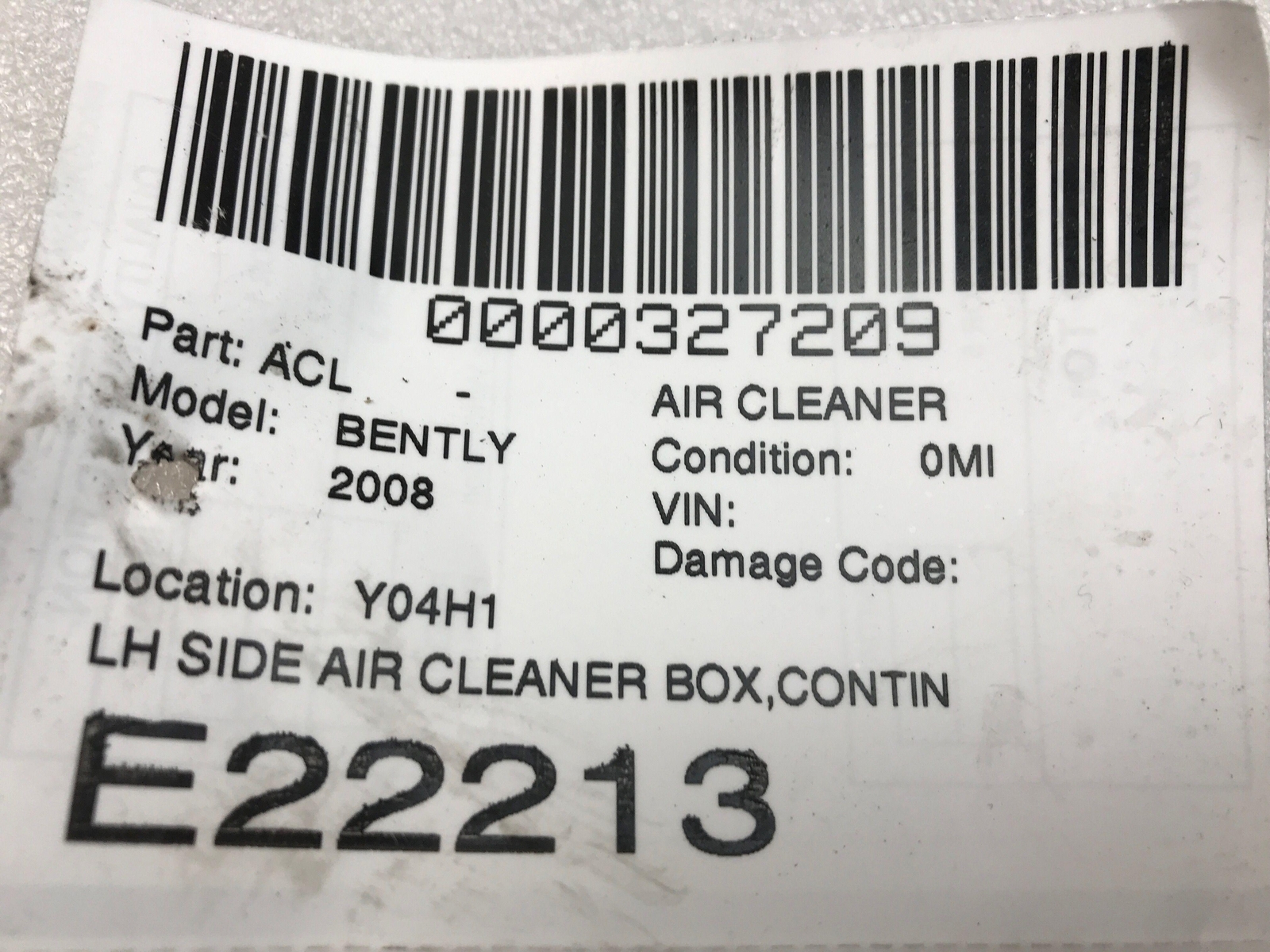 2008 BENTLEY CONTINENTAL GTC LH Side Air Cleaner 34K MIles
