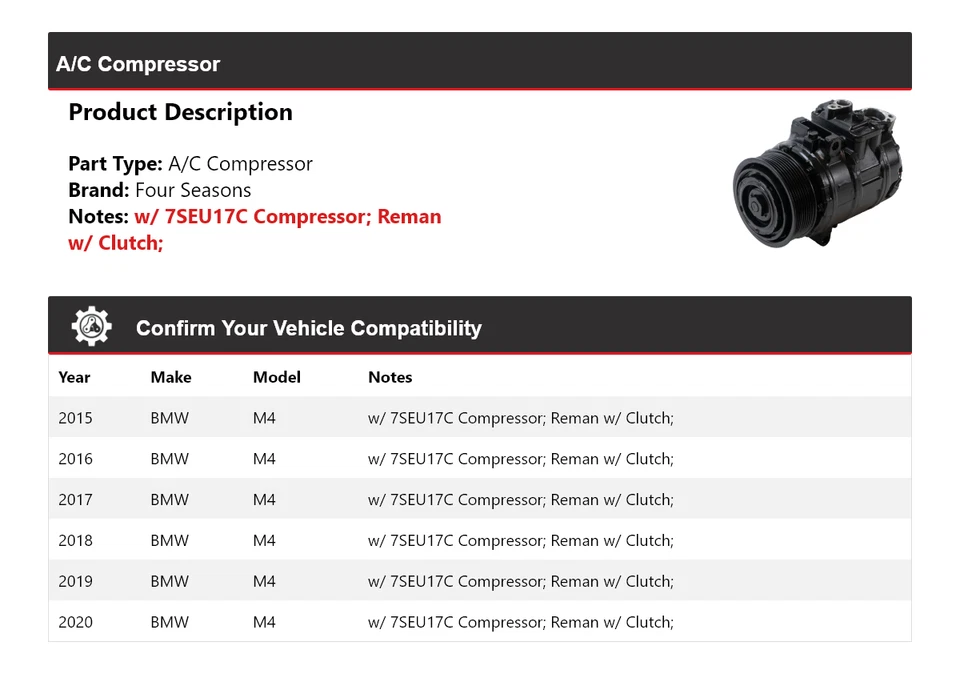 Compresor de aire acondicionado BMW M4 2015-2020 4 estaciones 2016 2017 2018 2019 Foto 2 de 3