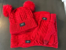 NEW UGG DOUBLE  POM POM HAT SCARF GLOVE SET RED WOMEN'S