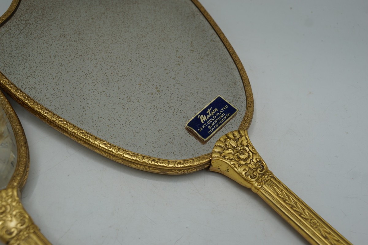 Vintage Matson 24KT Gold Plated 2 Piece Vanity Set Hand Mirror