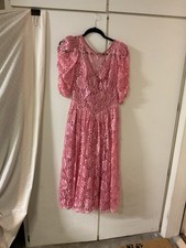 Vintage 1970/80S Pink Lace Sweetheart Tea Length With Puff Sleeves Dress 