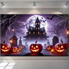 Halloween Banner Haunted House Graveyard Backdrop Banner Pumpkin Background