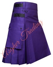 Handmade Men's Purple Cotton Utility Kilt, Real Leather Straps Custom Size kilts