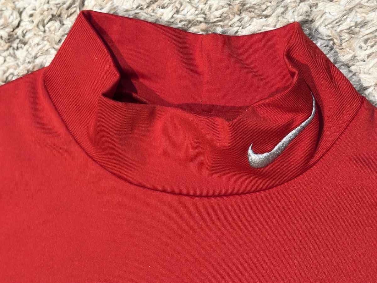 Nike Pro Compression Shirt Mens M Red Mock Neck Swoosh Lined Long