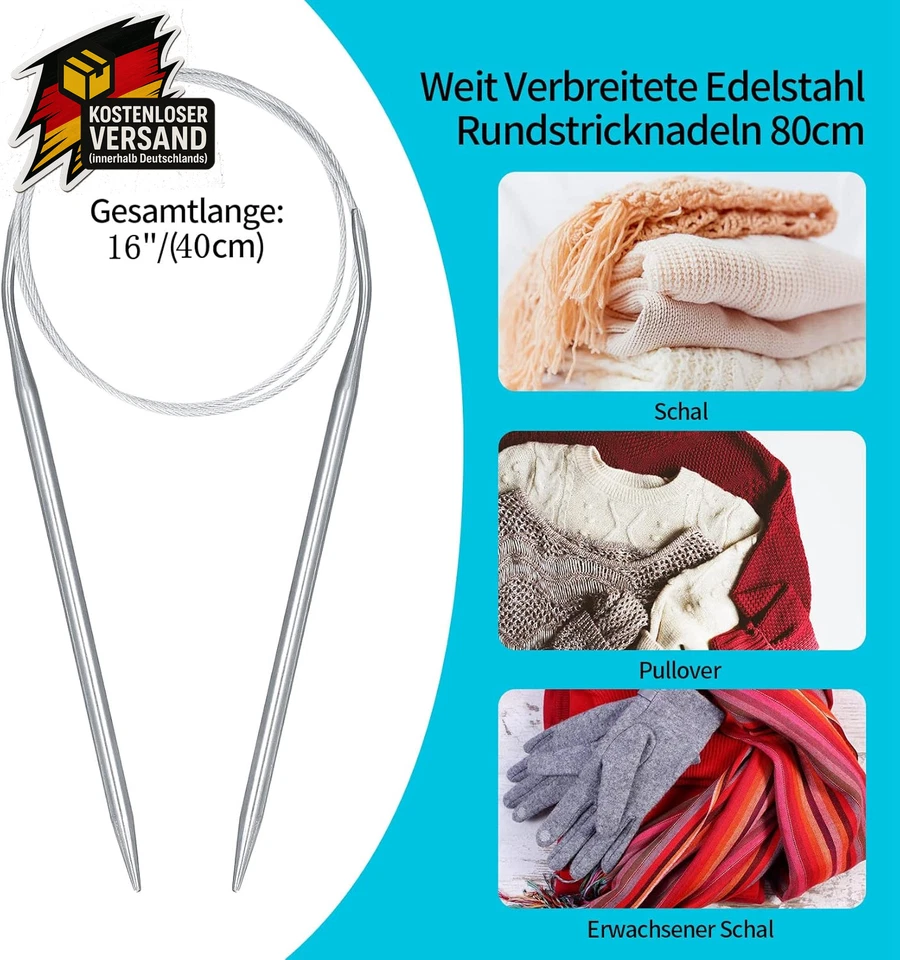 8 Stück Rundstricknadeln Set, Edelstahl 40Cm Lang Stricknadeln Metall Profession - Bild 3 von 4