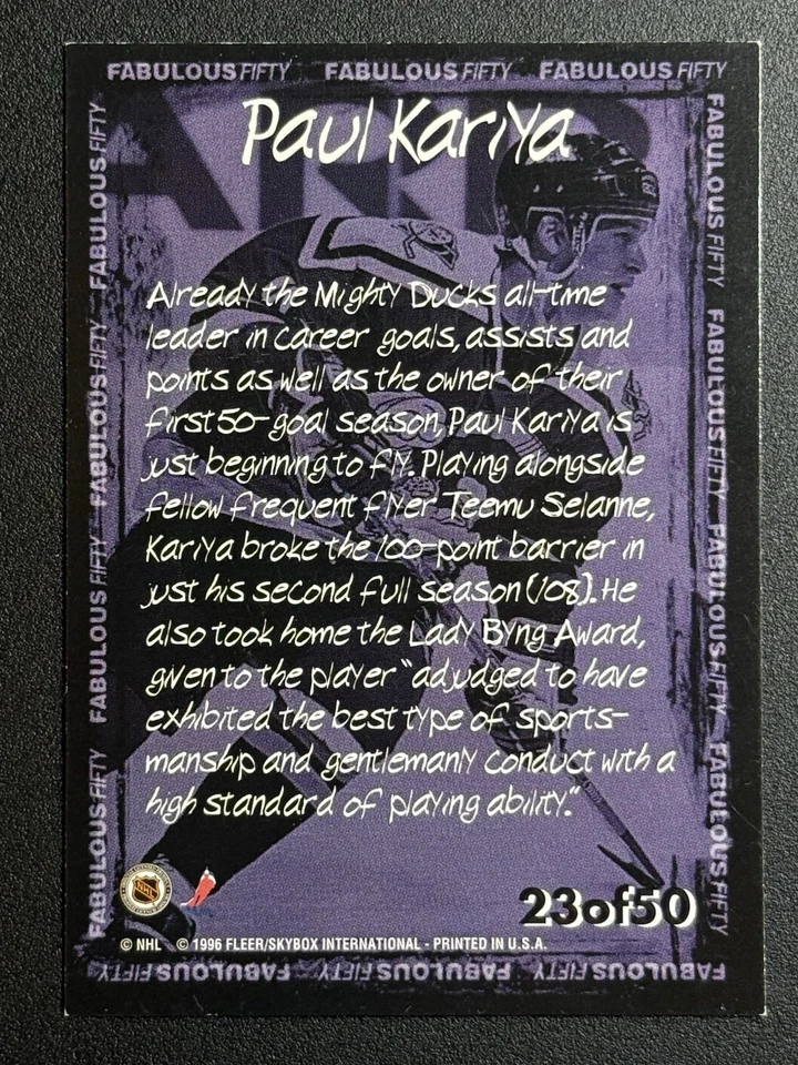 1996-97 Fleer NHL Picks #23 Paul Kariya Fabulous 50 Anaheim Ducks - Image 2 of 2