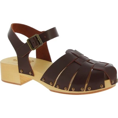 Sabots femme artisanales en bois avec tige cage en cuir marron semelle en cuir - Photo 1/4