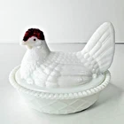 Westmoreland White Milk Glass Hen On Nest Covered Dish With Red Comb HON VINTAGE