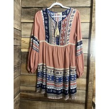 Kori America Boho Mixed Patchwork Print Mini Dress Tassel Tie Balloon Sleeve S