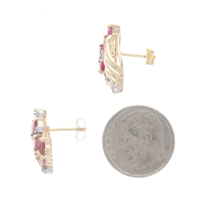 Yellow Gold Ruby & Diamond Lg Cluster Stud Earrings 10k Marquise 1.59ctw Pierced - Image 3 of 4