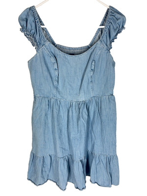OLD NAVY Dress Size Medium Chambray Puff Sleeve Countrycore Cottage Beach
