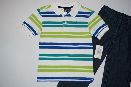 NWT $52.50 NAUTICA 2pc set jean shirt BOY size 4 stripe green, blue, brt green - Picture 2 of 9