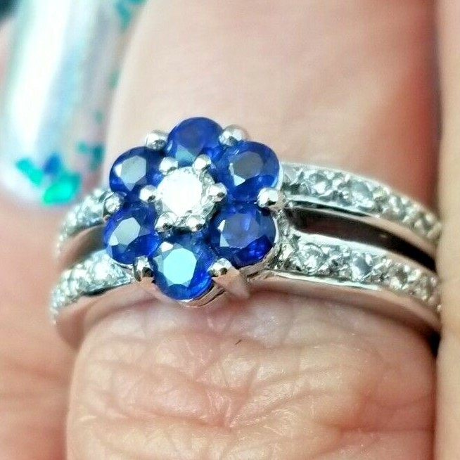 Quality Diamond Blue Flower Cluster Split Shank 1… - image 9