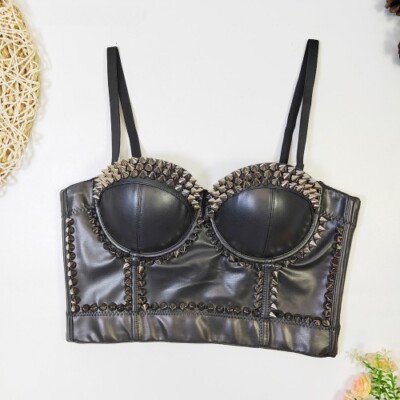 New Women Black PU Corset Top Bustier Push Up Sexy Lingerie with Chest Pad Party