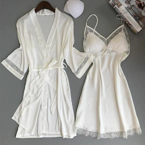 2Pc/Set Women Kimono Bathrobe Bridesmaid Wedding Robe Sets Lace Trim Sleepwear C - Picture 1 of 28