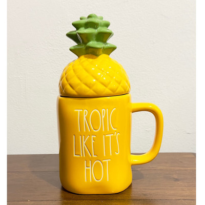 NWT: Rae Dunn - Tropic Like It's Hot, Yellow, Ceramic, Lidded Pineapple Mug 