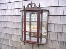 Antique Mahogany Bow Front Cabinet Curved Glass Mirror Curio Display Wall Shelf