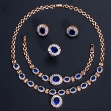 Yellow Gold Plated CZ Blue Jewelry Crystal Necklace Earrings Ring Bracelet Set