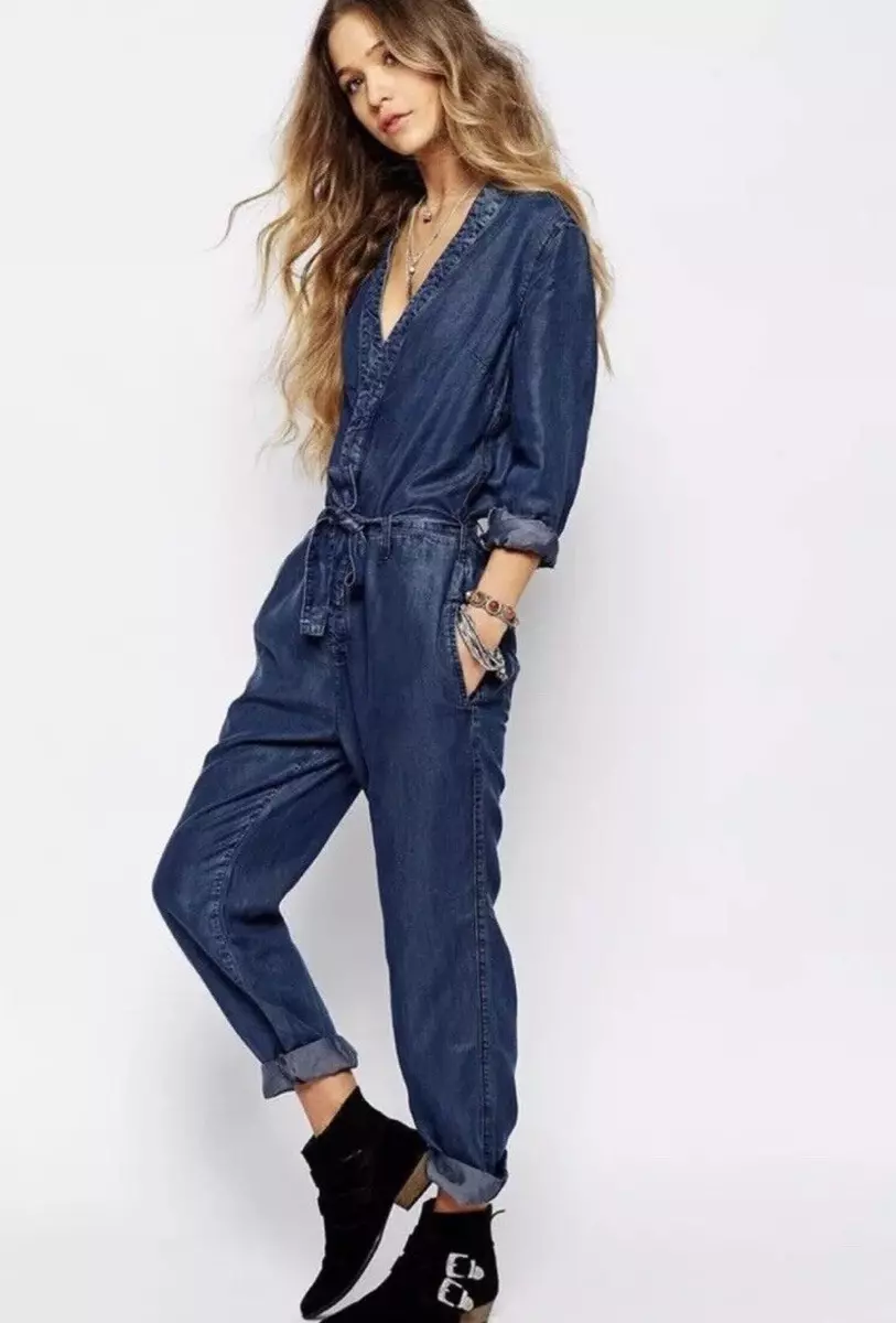 FREE PEOPLE Lou Imperial Blue Denim Long Sleeve Jumpsuit Coveralls US 4 Revolve
