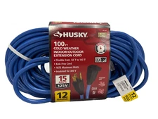 Husky Extension Cord 100ft 12/3 Medium Duty Cold Weather Indoor Outdoor Blue