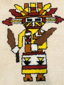 70s Vintage Latch Hook Native American Indian Kachina Rug Wall Hanging 35” X 40”