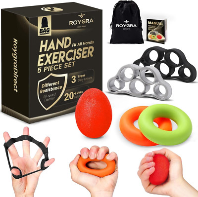 Hand Grip Strengthener Finger Exerciser Kit - 3 Types, Set of 5