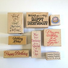 Wood Mount Rubber Stamp Set 8 Tags Happy Birthday Cake and More