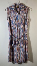 Womens Eddie Bauer Ikat Print Shirt Dress Sleeveless 1/2 Button S Pink Blue Crea
