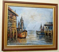 Vintage Decor Wall Hanging Painting Oil Art Canvas Ships Panel Wood Framed Cute