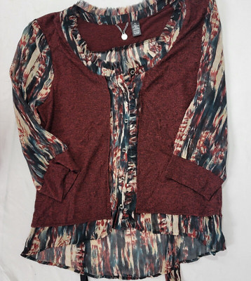 BKE Boutique Women's 3/4 Sleeve Shirt Size XL Sheer Print Heavier Solid Top