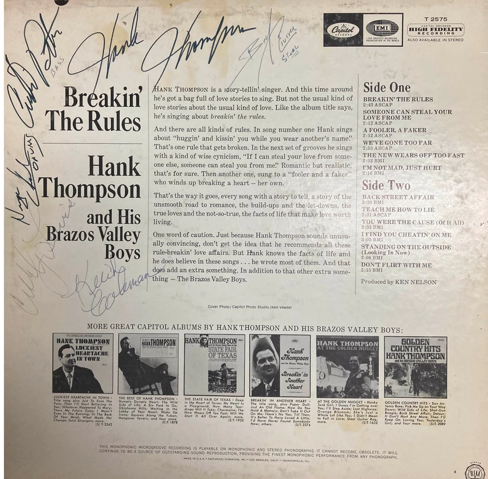 Hank Thompson Breakin' The Rules LP Record 1961 complete Band AUTOGRAPHED - Image 2 of 4