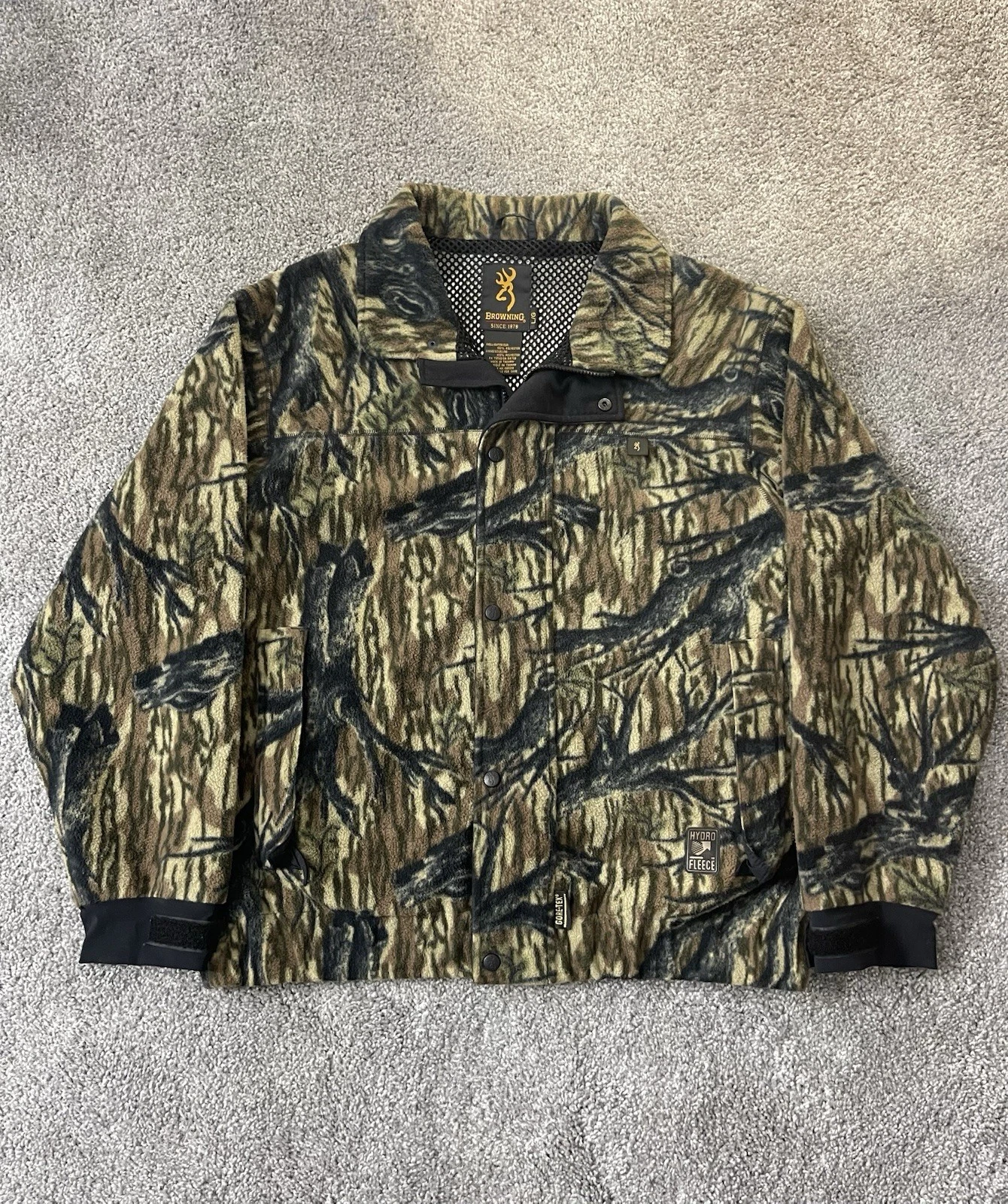 Browning Hydro Fleece Hunting Jacket Mens Large Camo Camouflage Tree Bark